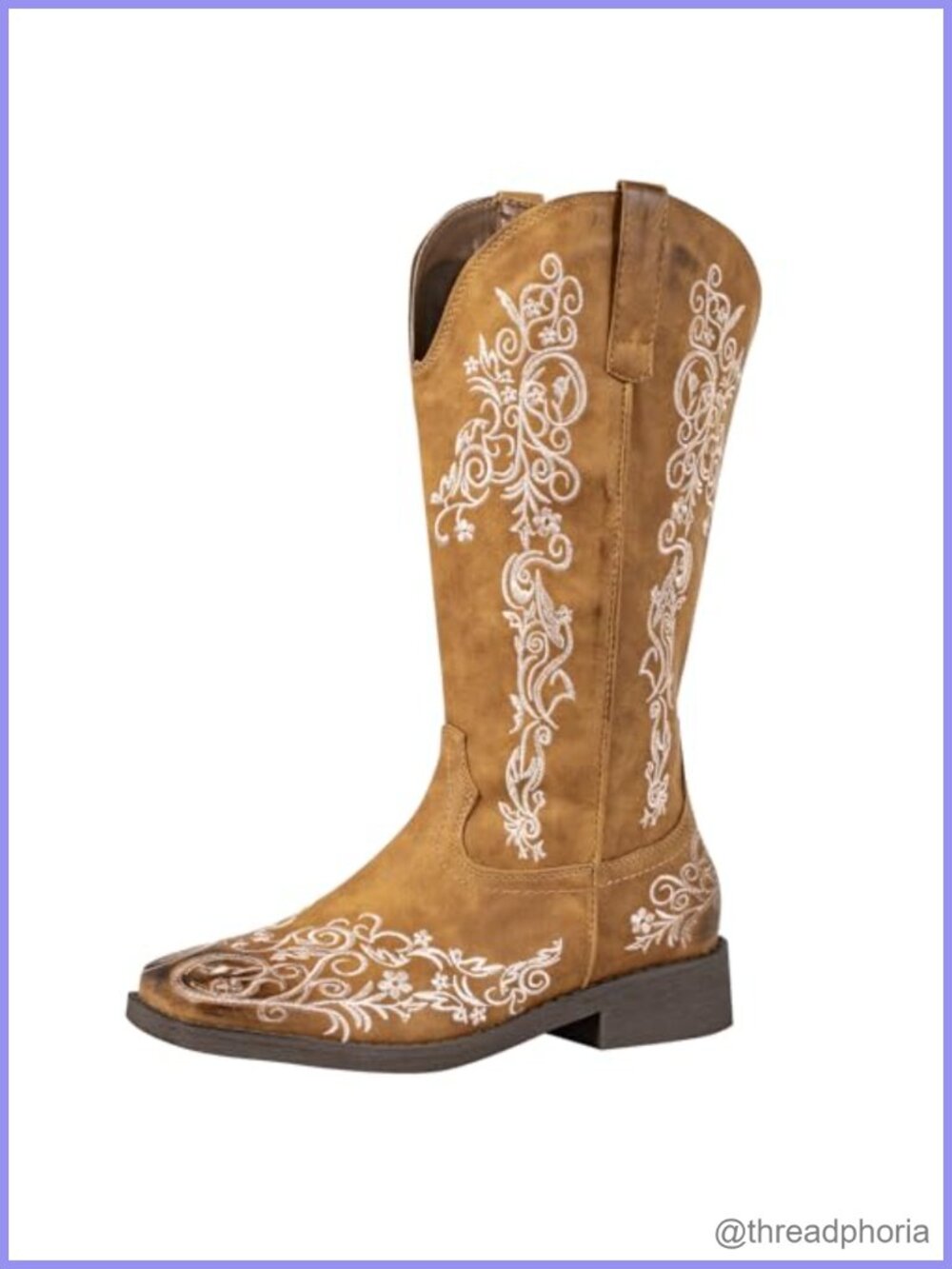 Women's Square Toe Cowboy Boots Floral Embroidered Wide Calf Western Mid-Calf
